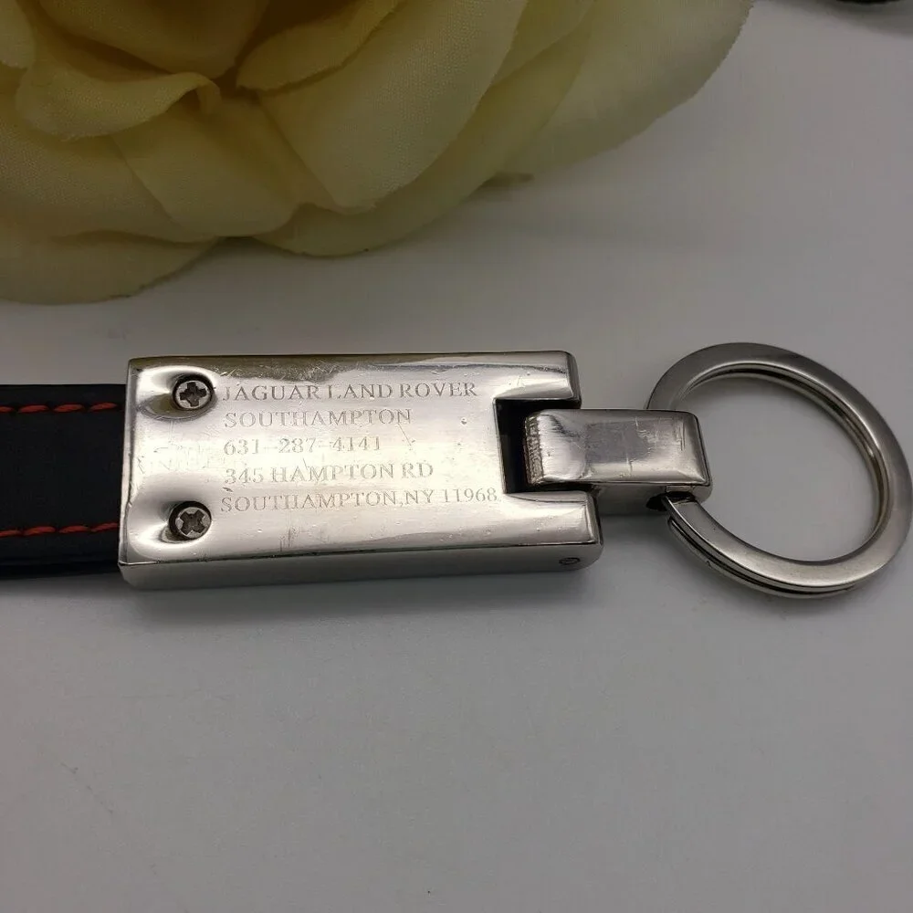 Jaguar Land Rover Chrome and Black Leather Strap Key Chain Fob Luxury Car